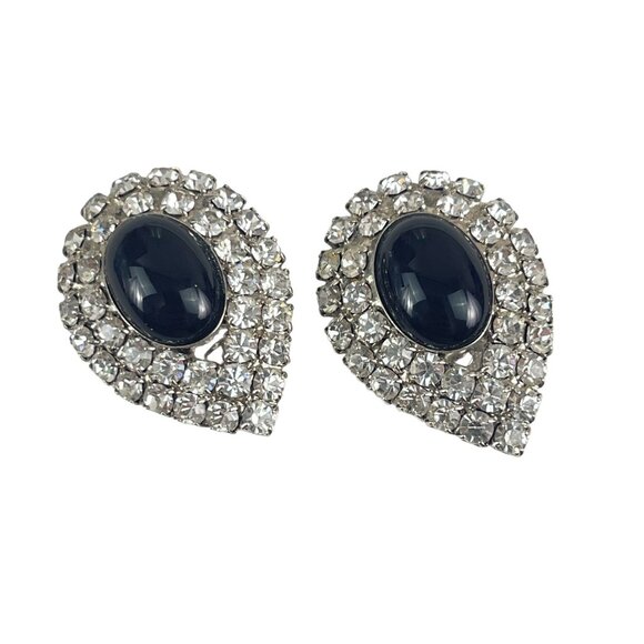 Pear-Shaped Rhinestone & Black Stone Clip-On Earrings Party Wedding Glam Jewelry - Picture 5 of 7